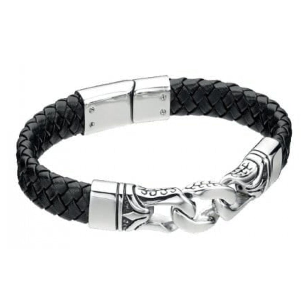 Gents Thick Plaited Leather With Large Link Clasp Bracelet