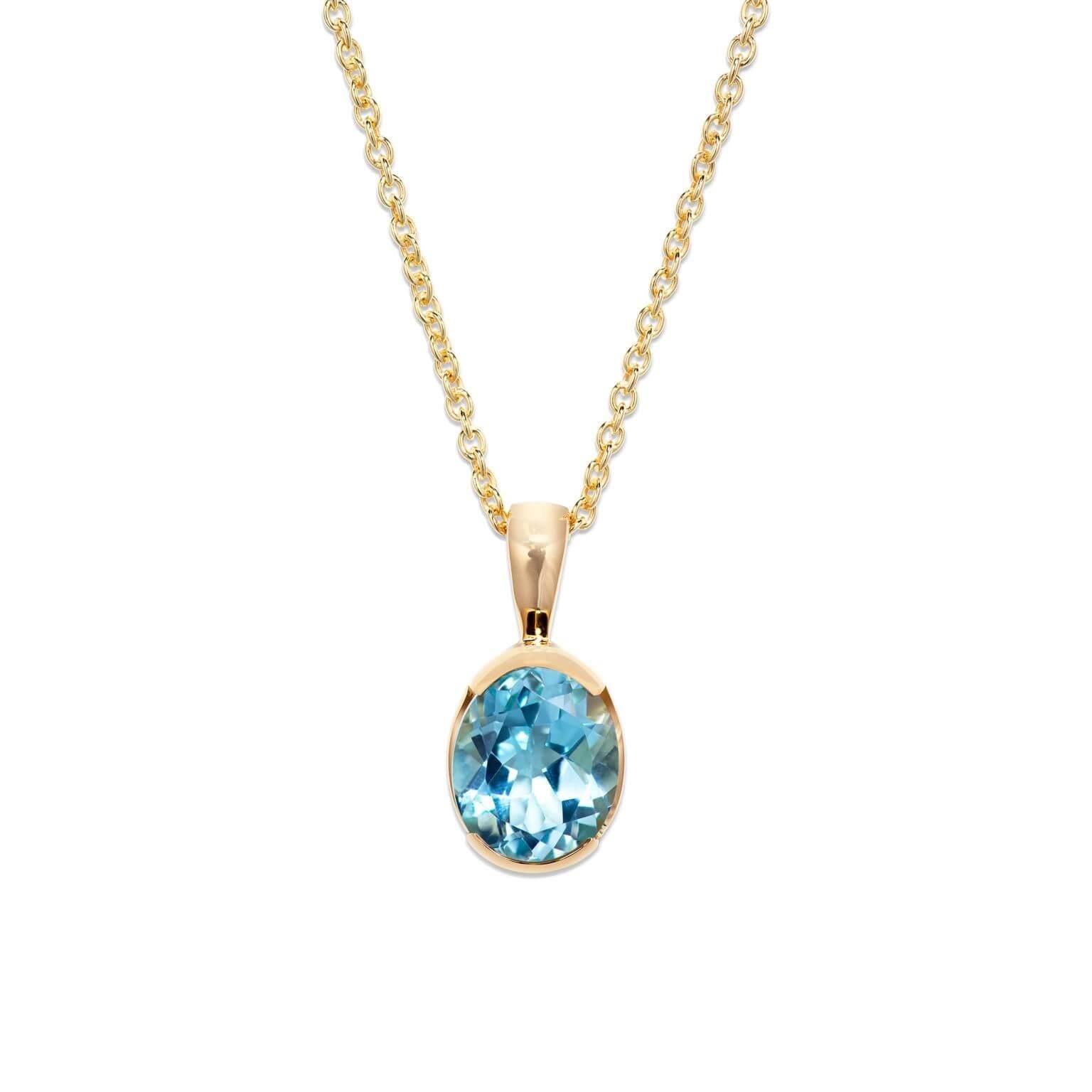 Yellow Gold Plated Blue Topaz Oval Pendant Necklace