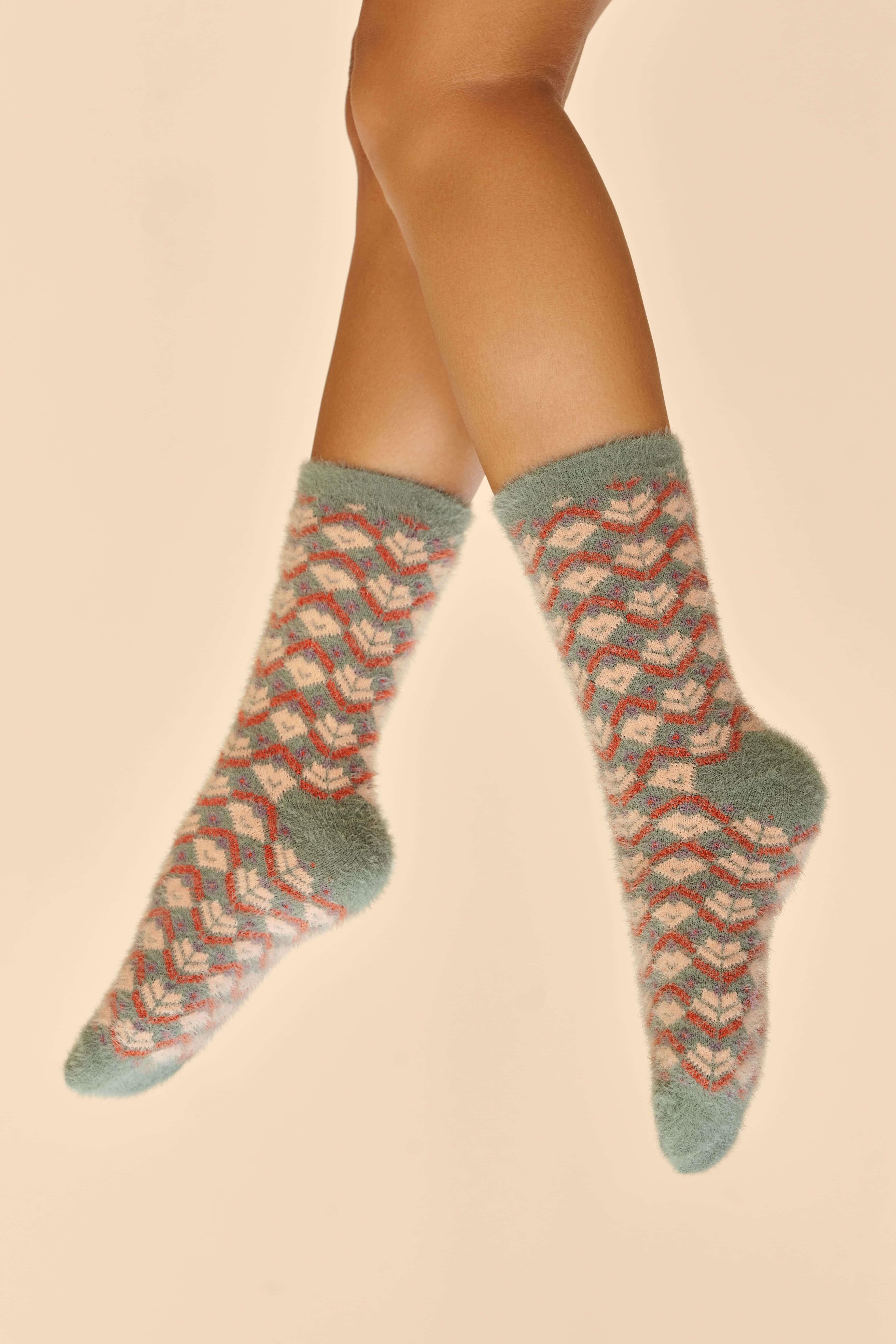 Fair Isle Fuzzy Slipper Socks - Teal