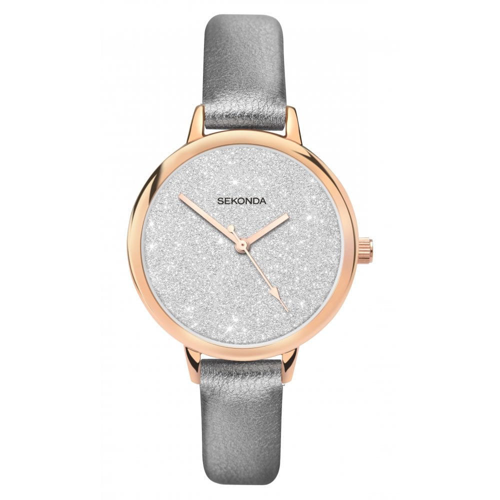 Rose Gold Plated Glitter Dial & Metallic Grey Strap Ladies Watch