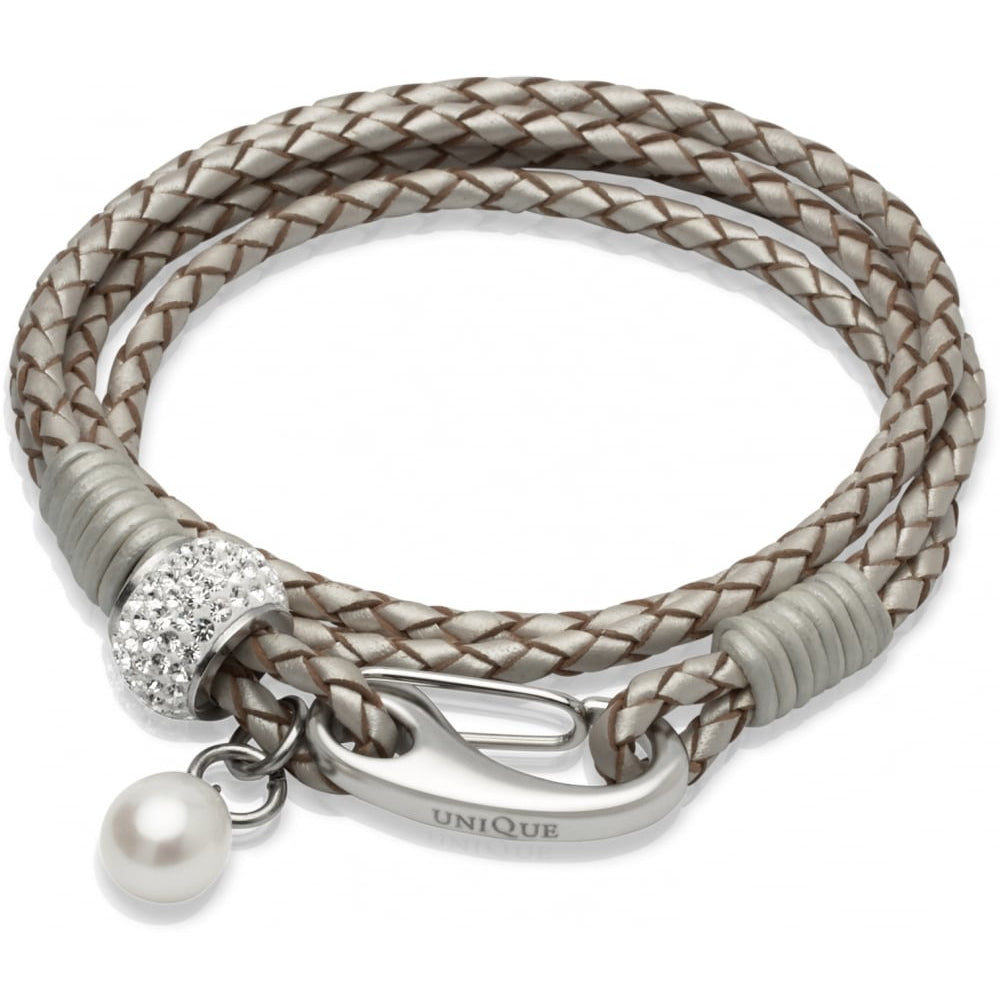 Pearl Leather Bracelet Steel Clasp Steel CZ Element and Pearl Charm