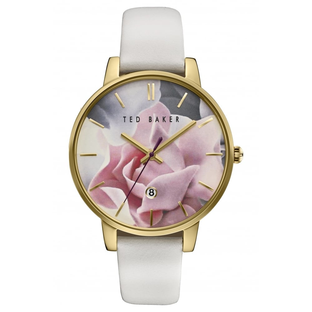 Ted Baker Womens White Leather Floral Dial Gold Plated Watch Edmonds