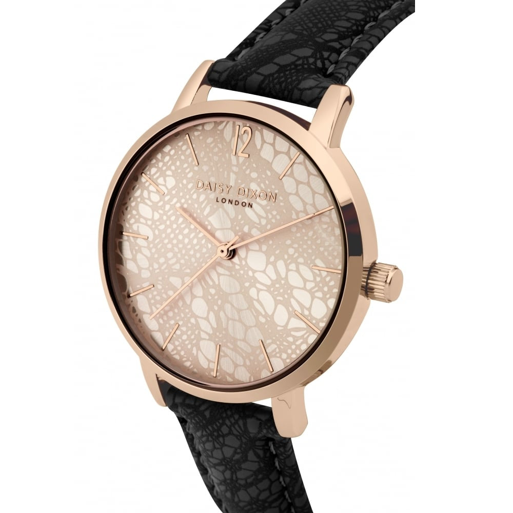 Mae Watch Rose Gold Dial With Black Pu Strap With Lace Print