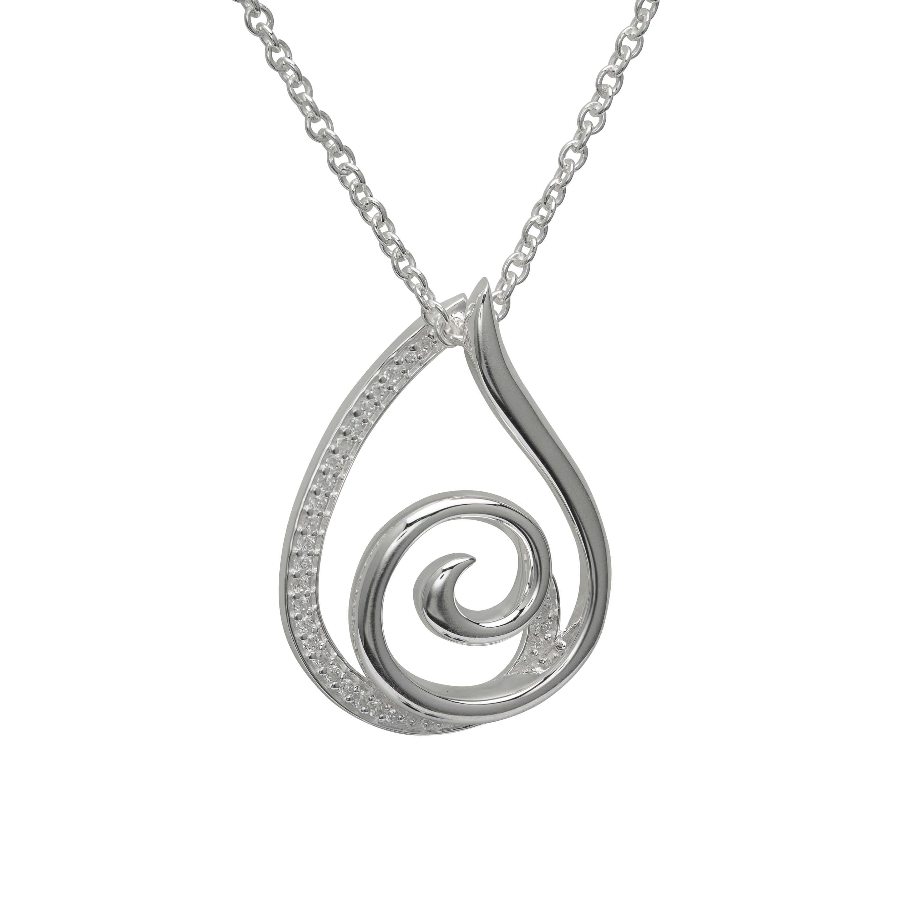 Sterling Silver 925 Teardrop Swirl Pendant With CZ Necklace