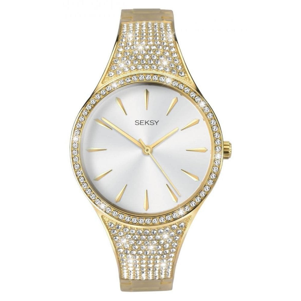 Gold Plated Stone Set Bracelet Strap & Case With Silver Dial Ladies Watch