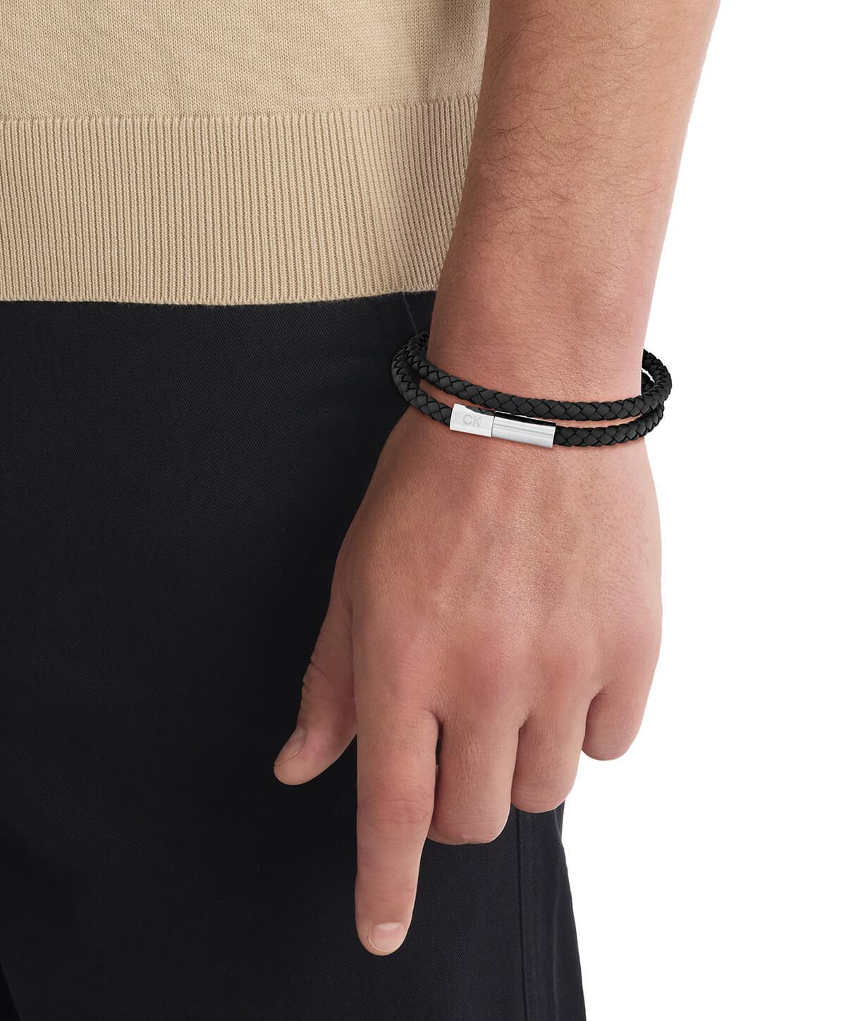 Industrial Facets Mens Black Leather Steel Detail Bracelet