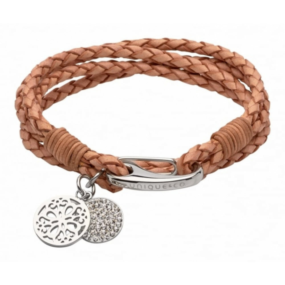 Natural Leather Bracelet with Steel Clasp, Flower & Crystal Disc