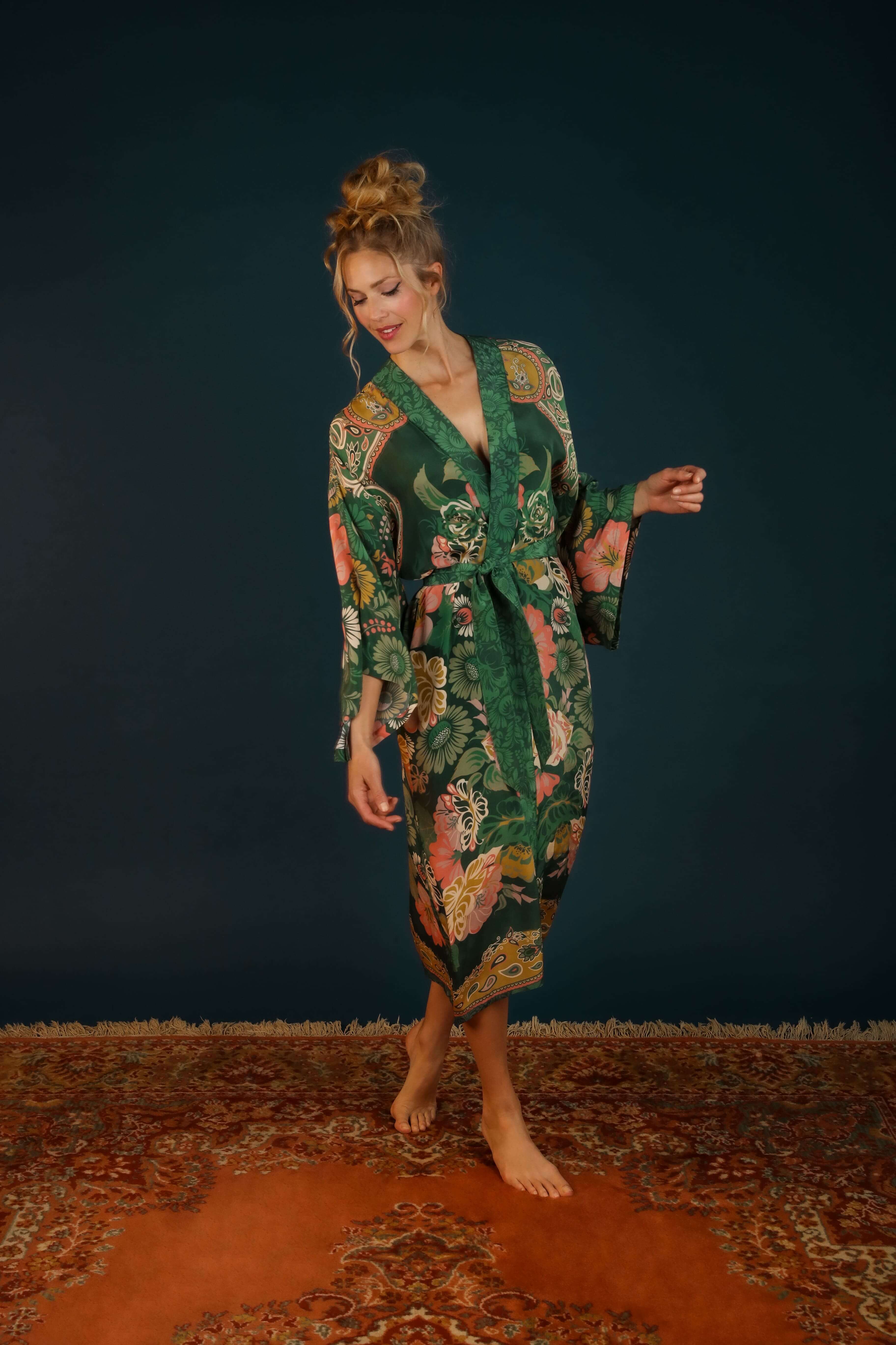 Luxury Kimono Gown Folk Art Floral - Fern