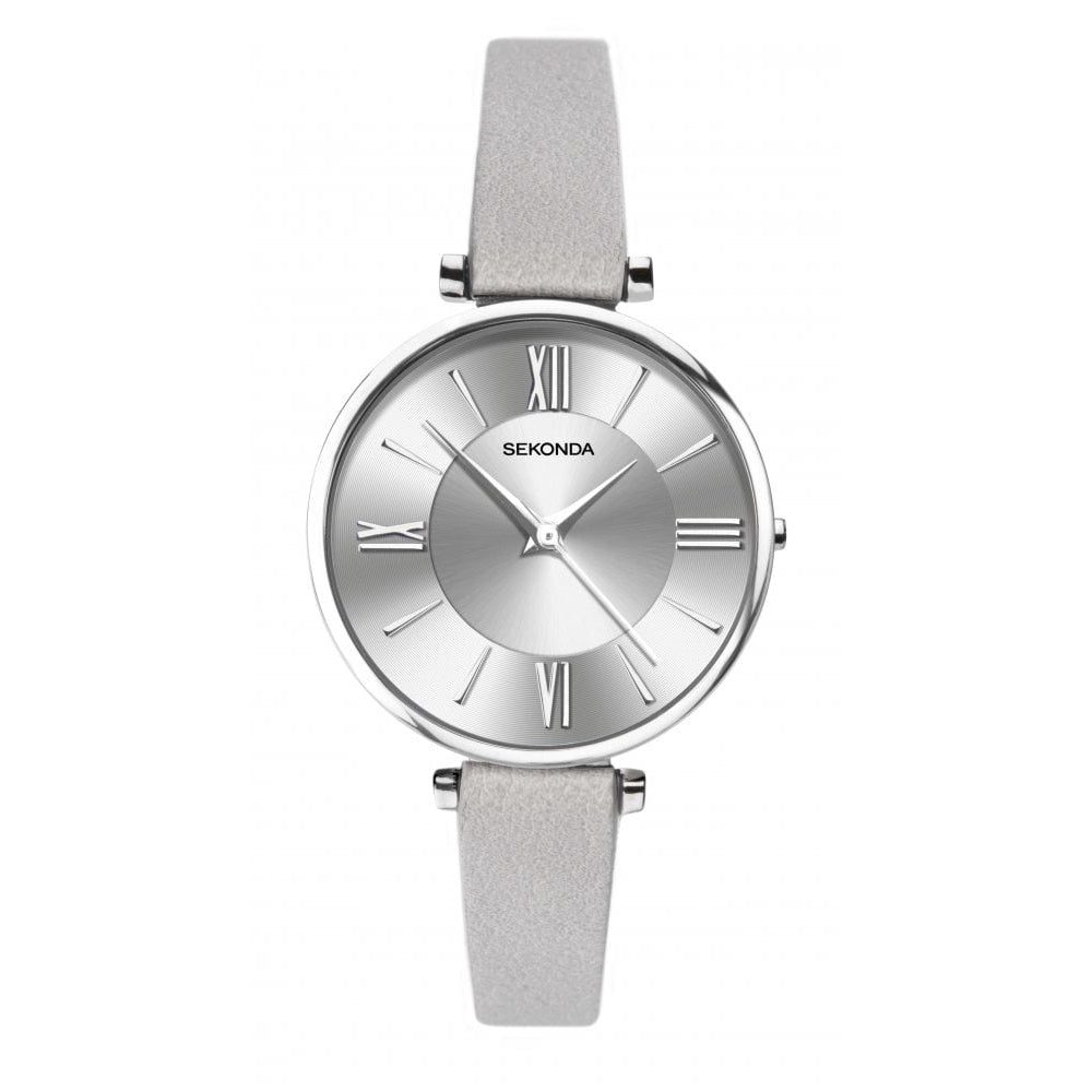 Stainless Steel Case With Silver Dial & Grey Leather Strap Ladies Watch