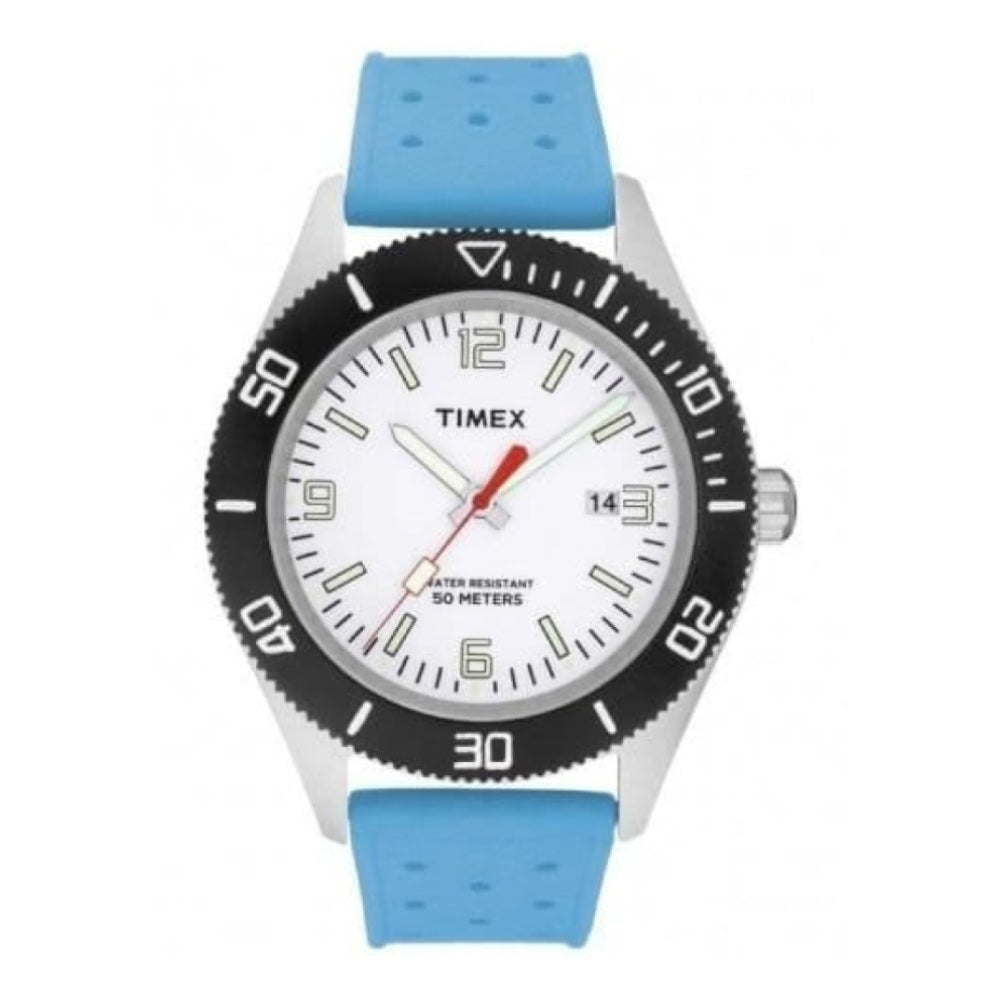 Trendy Gents Timex Wristwatch With A Blue Rubber Strap