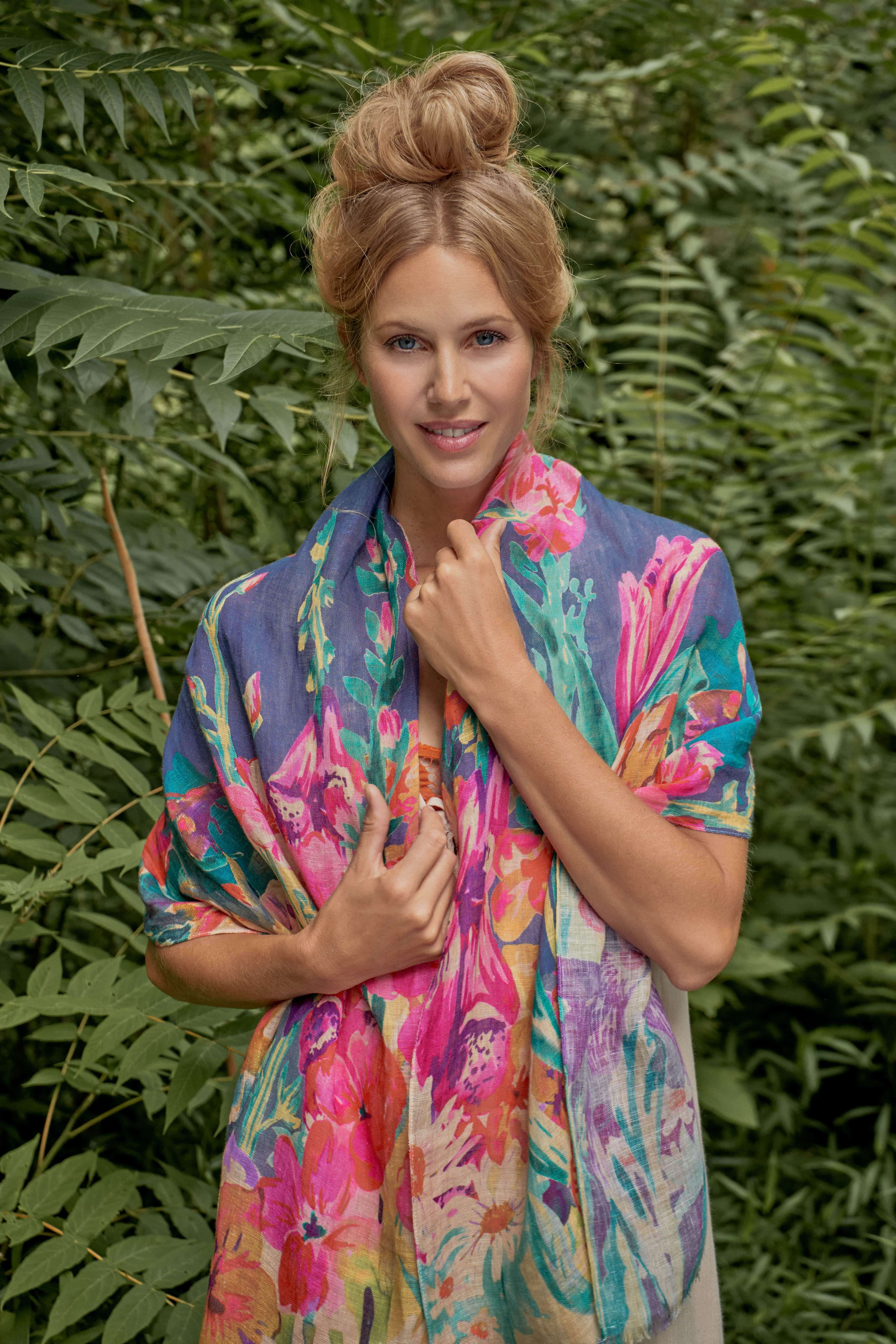 Impressionist Garden Linen Print Scarf - Indigo