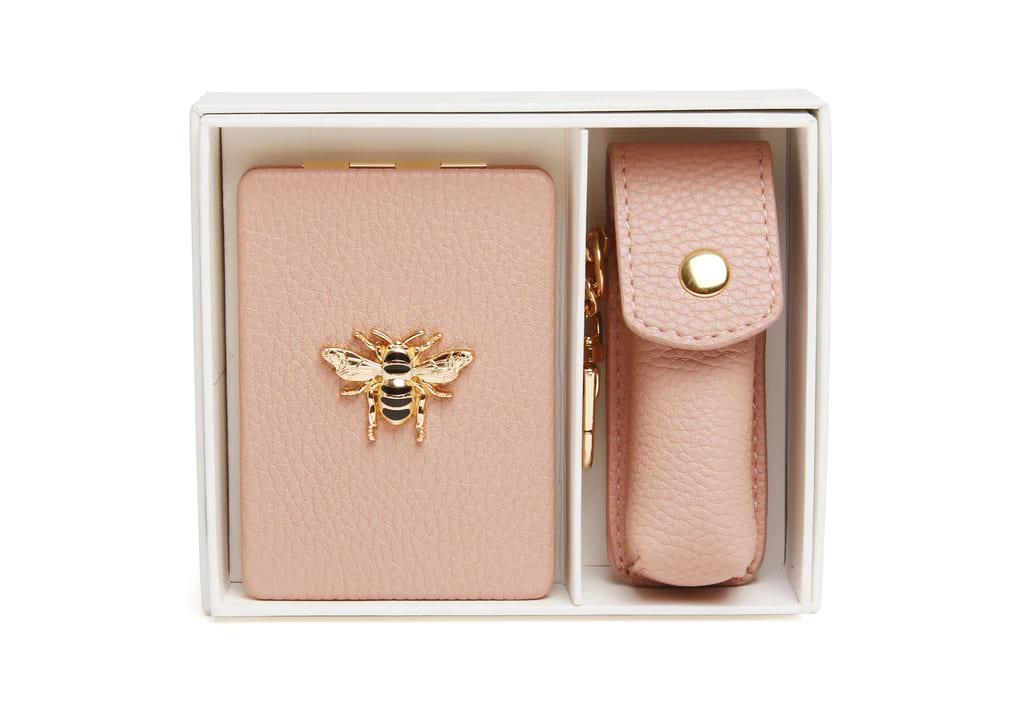 Oblong Compact Mirror & Lipstick Holder Gift Set In Pink