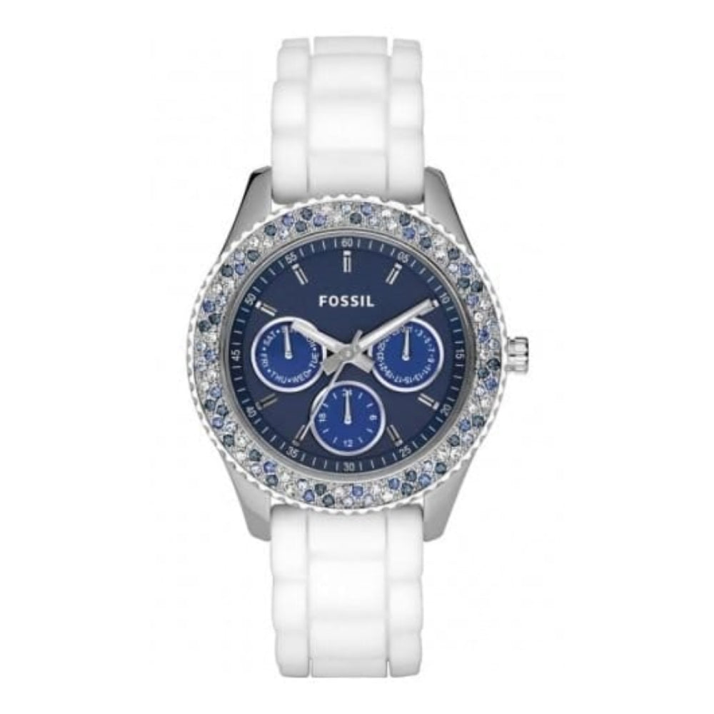 Ladies Blue & Silver Crystalised White Rubber Strap Watch