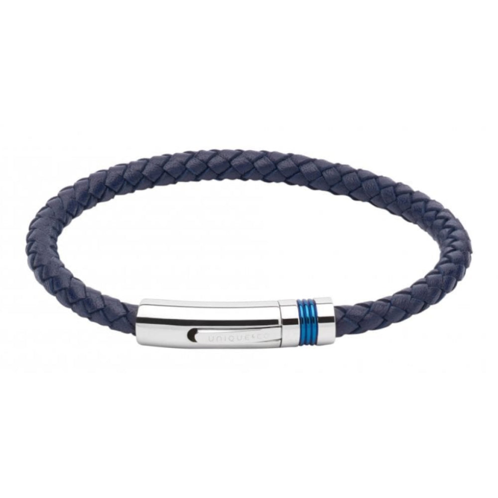 Navy Leather Bracelet-Steel Clasp With Blue I.P. Plating