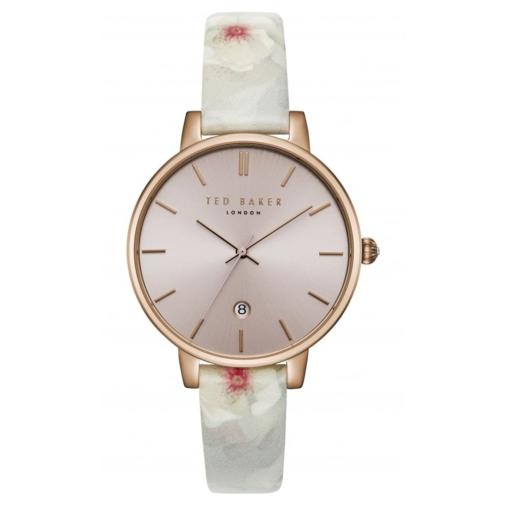 Ladies Rose Gold Tone Dial With Grey floral Leather Strap Watch