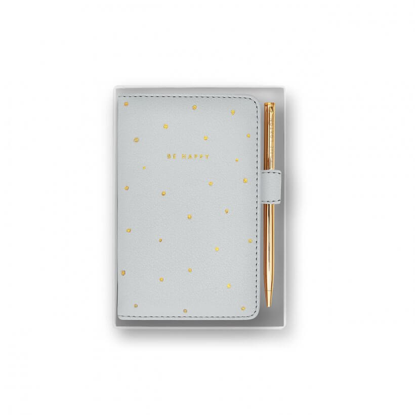 Beautifully Boxed Mini Notebook And Pen Set | Be Happy | Grey