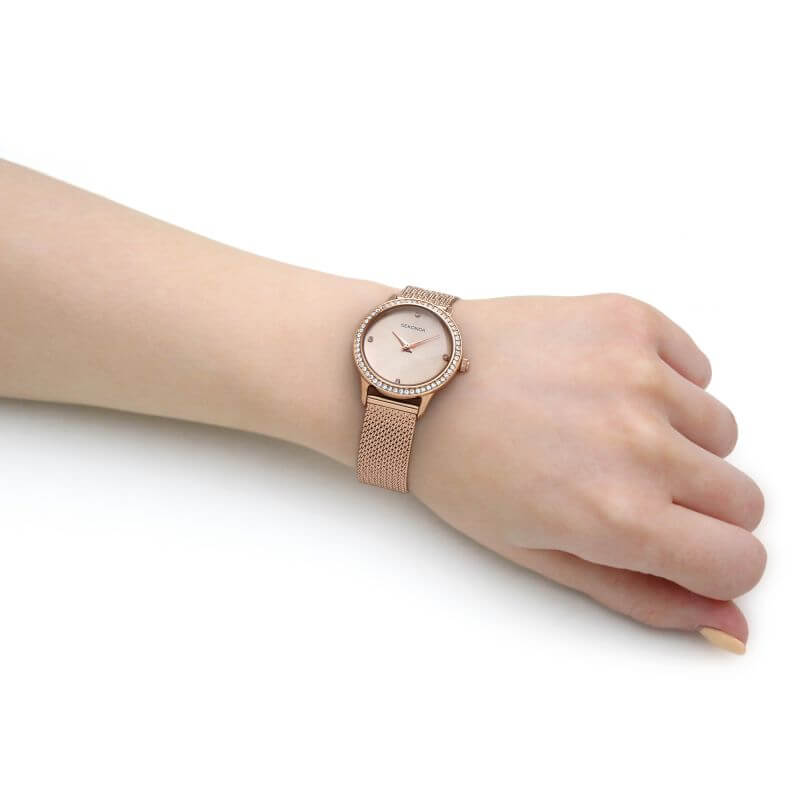 Rose Gold Plated Stone Set Dial & Mesh Bracelet Strap Ladies Watch