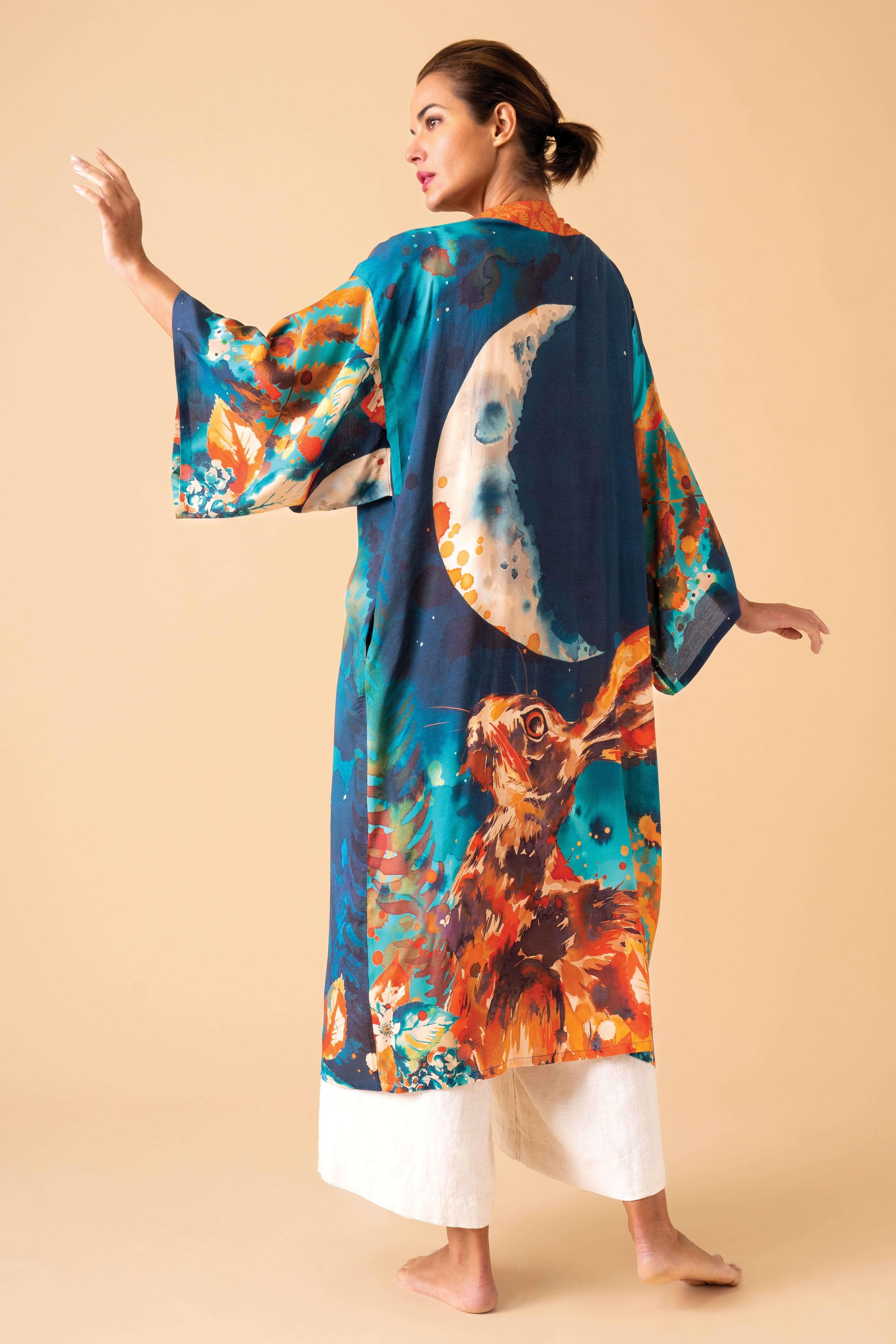 Hare and Moon Kimono Gown - Midnight