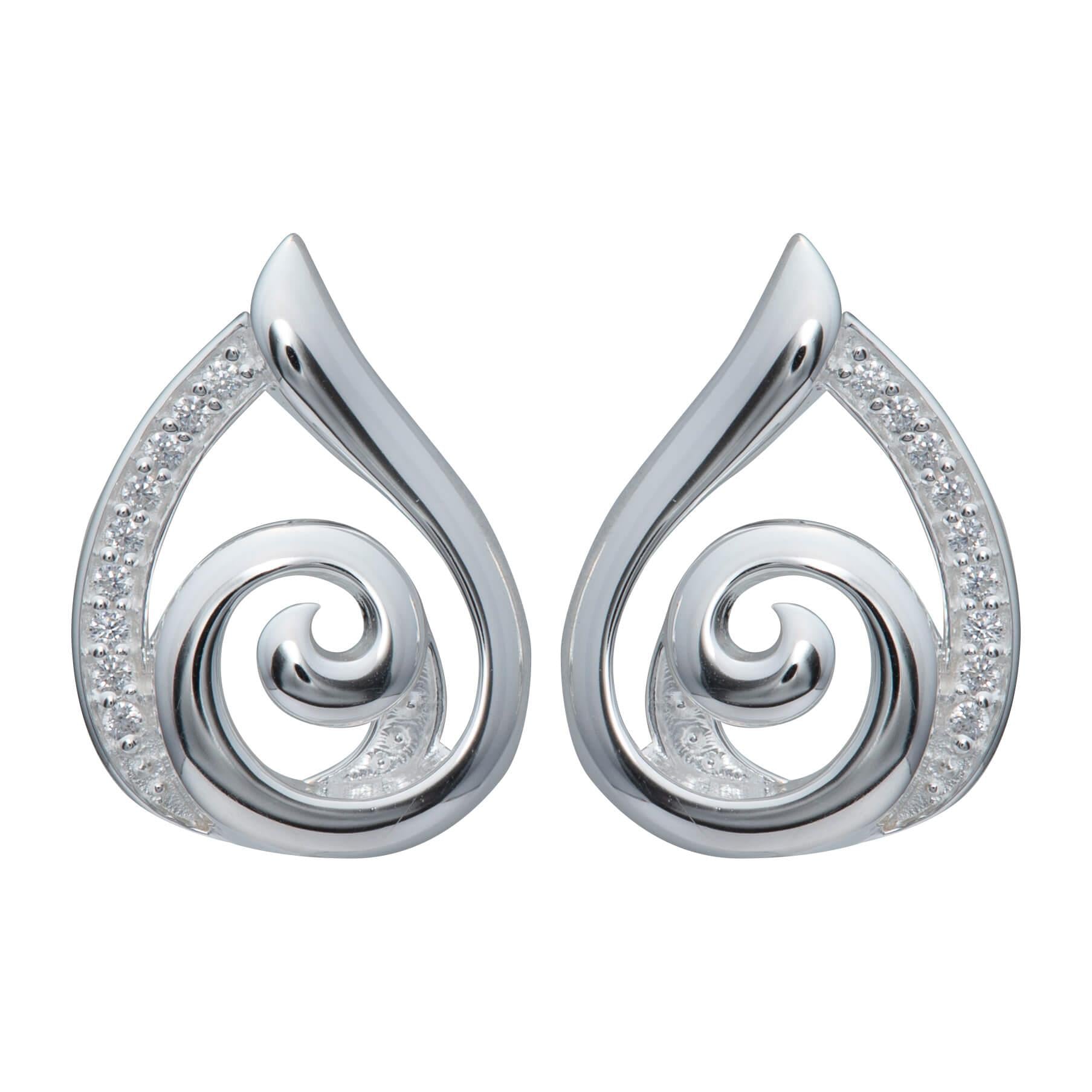 Sterling Silver 925 Teardrop Swirl Stud Earrings With CZ