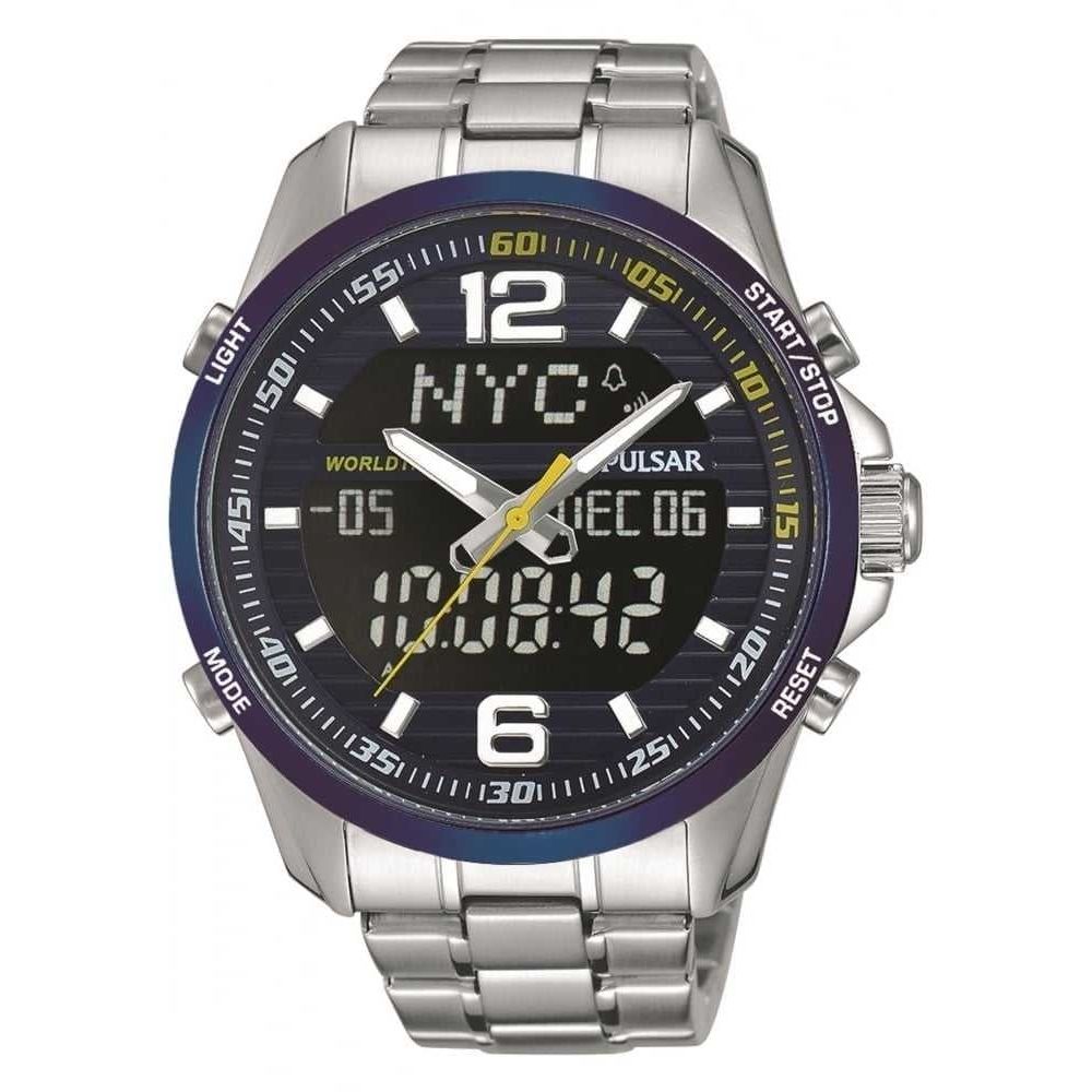 Mens Blue Digital Analogue World Time Bracelet Watch