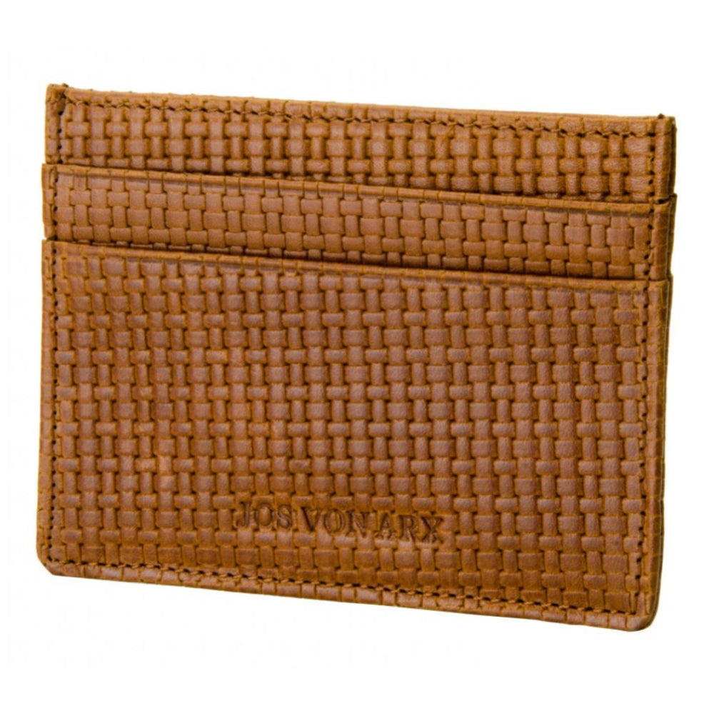 RFID Blocking Light Tan Leather Weaved Print, 5 Compartments Wallet