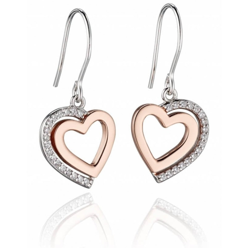 Two Tone Heart Drop Earrings With Pave Shadow