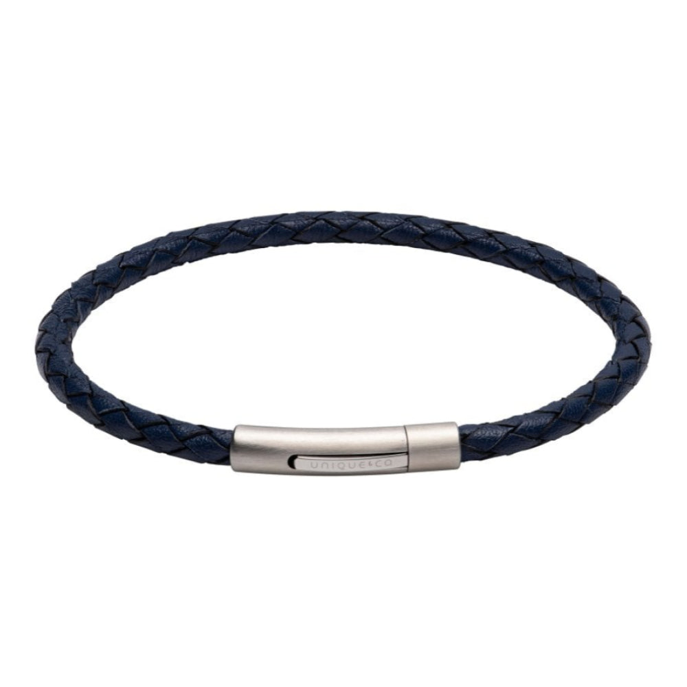 Blue Leather Bracelet BL Edge with Matte/Polished Steel Clasp