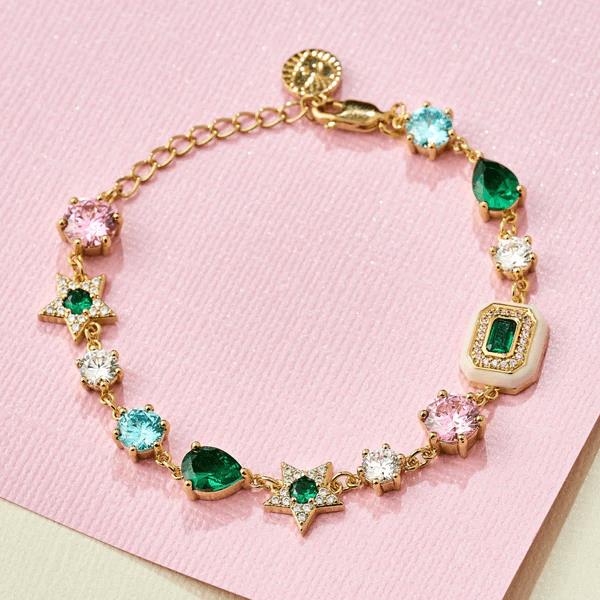 Celeste Cluster Bracelet In Blush Pink Enamel, Ice Blue & Emerald Green