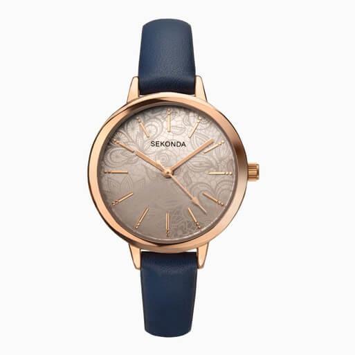 Rose Gold Case With Grey Dial & Blue PU Strap Ladies Watch