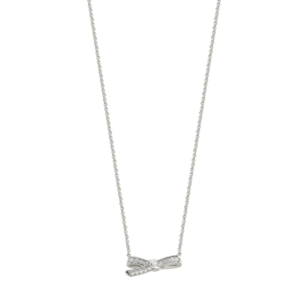 Sterling Silver Small BOW Pendant With Cubic Zirconia Long Necklace