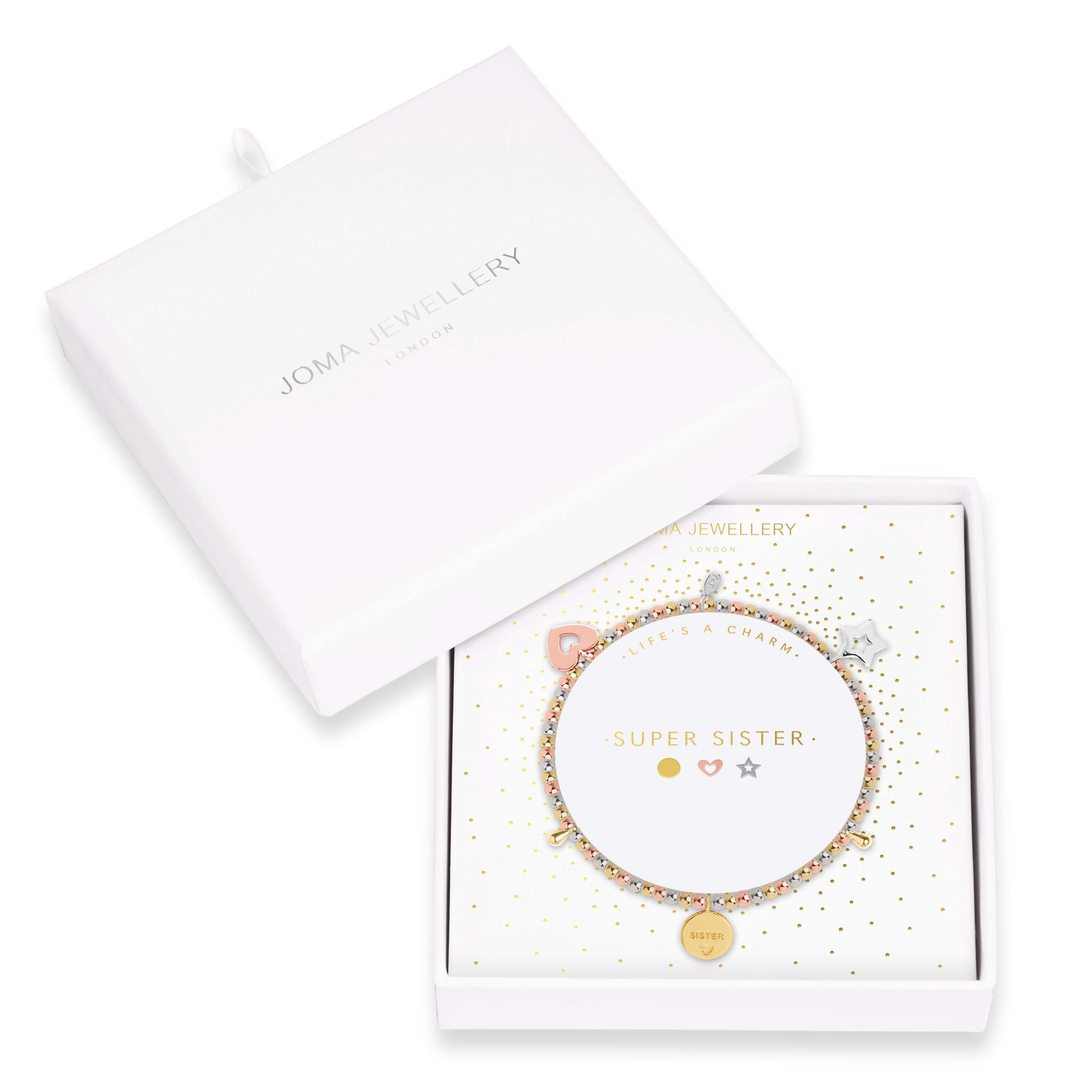 Lifes A Charm | Super Sister | Silver, Rose Gold, Gold | Charm Bracelet | 17.5cm Stretch