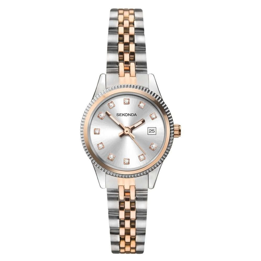 Two Tone Rose Gold Plated Bracelet & Case With Silver Sunray Dial Ladies Watch