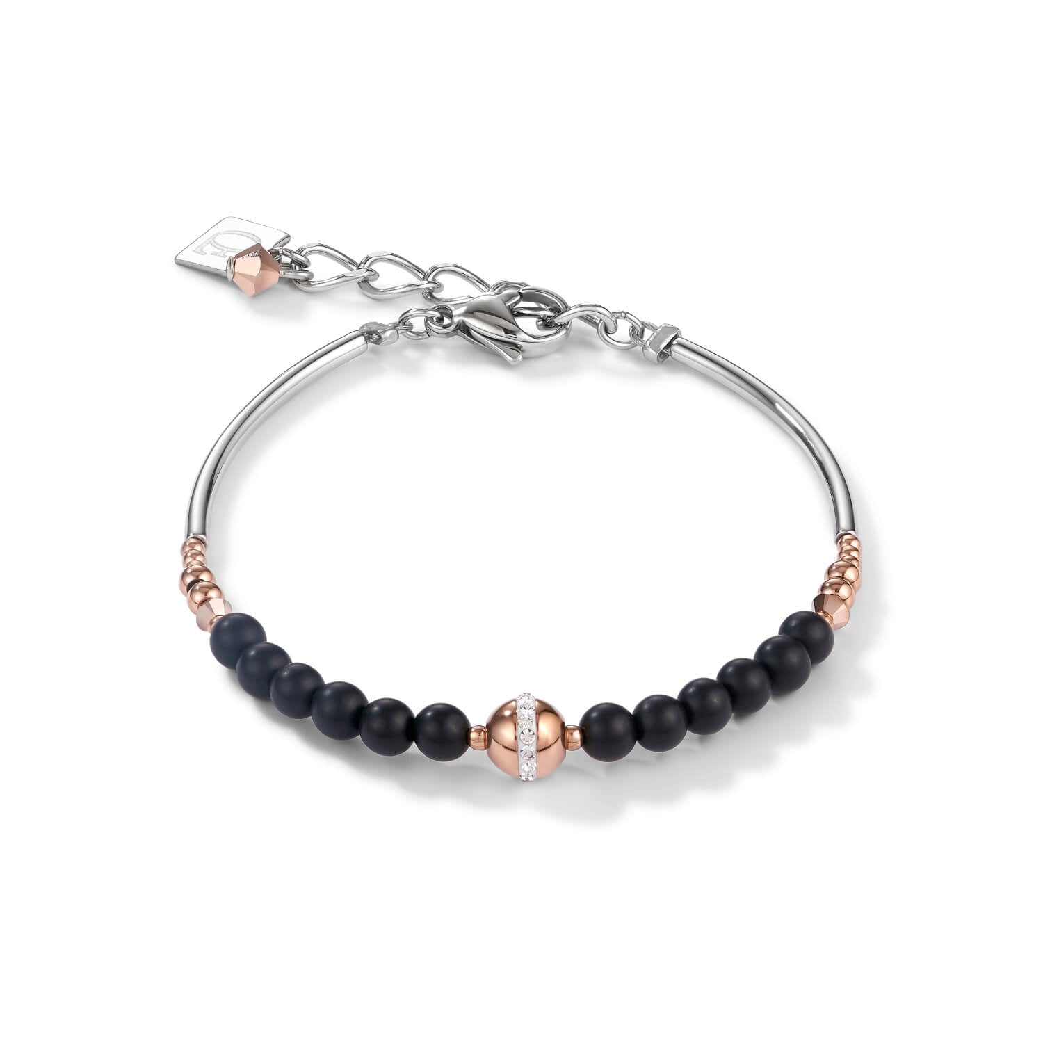 Stainless Steel Rose Gold & Onyx Black Ball Bracelet
