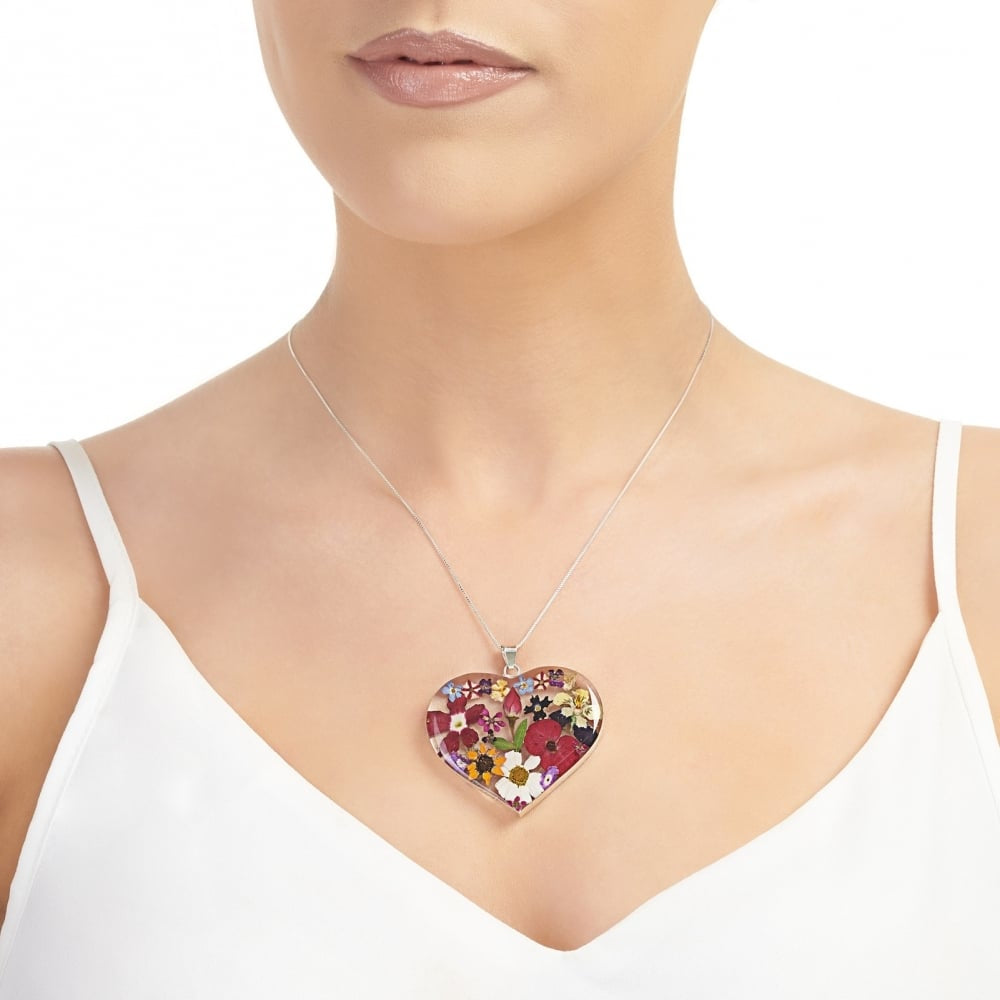 Silver Pendant - Mixed Flower - Large Heart