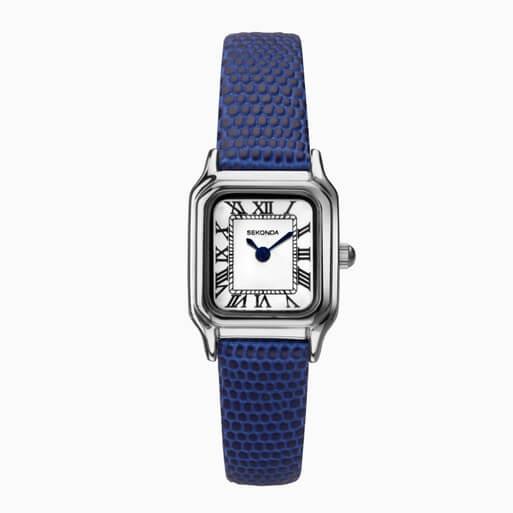 Classic Monica White Dial With Silver Case & Blue Leather Strap Ladies Watch