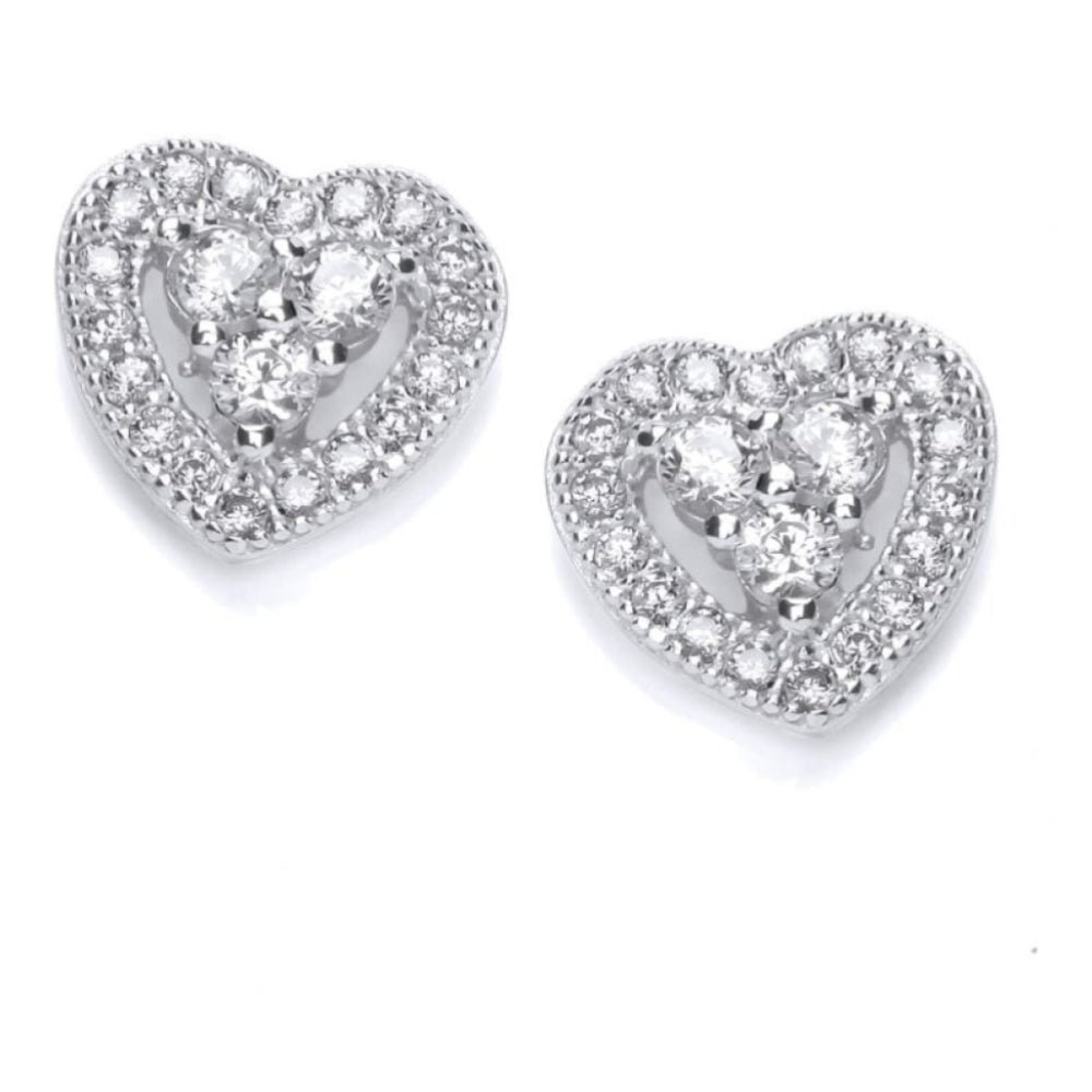 Silver Triple CZ Centre Heart Earrings