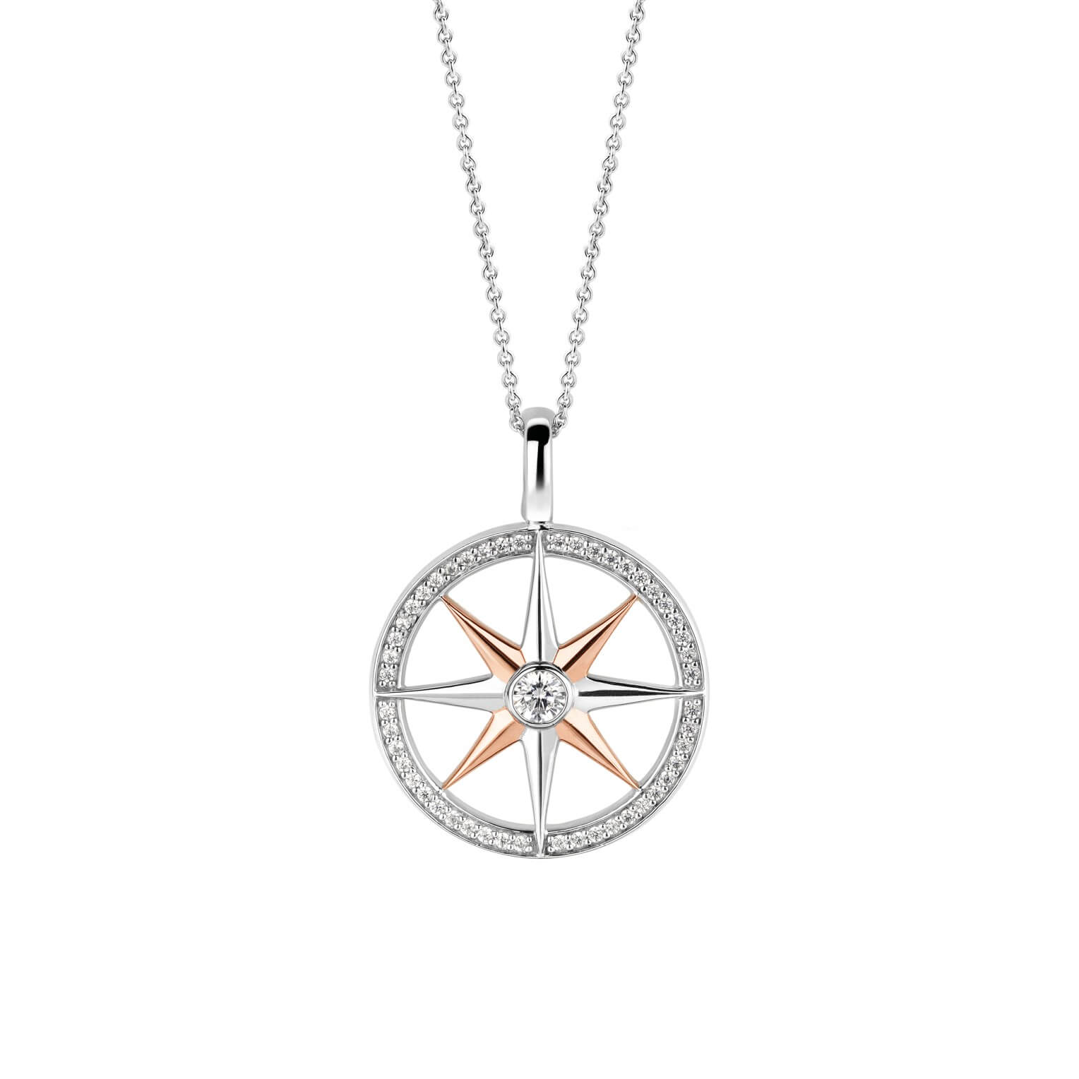Two Tone Wind Rose CZ Pendant Necklace