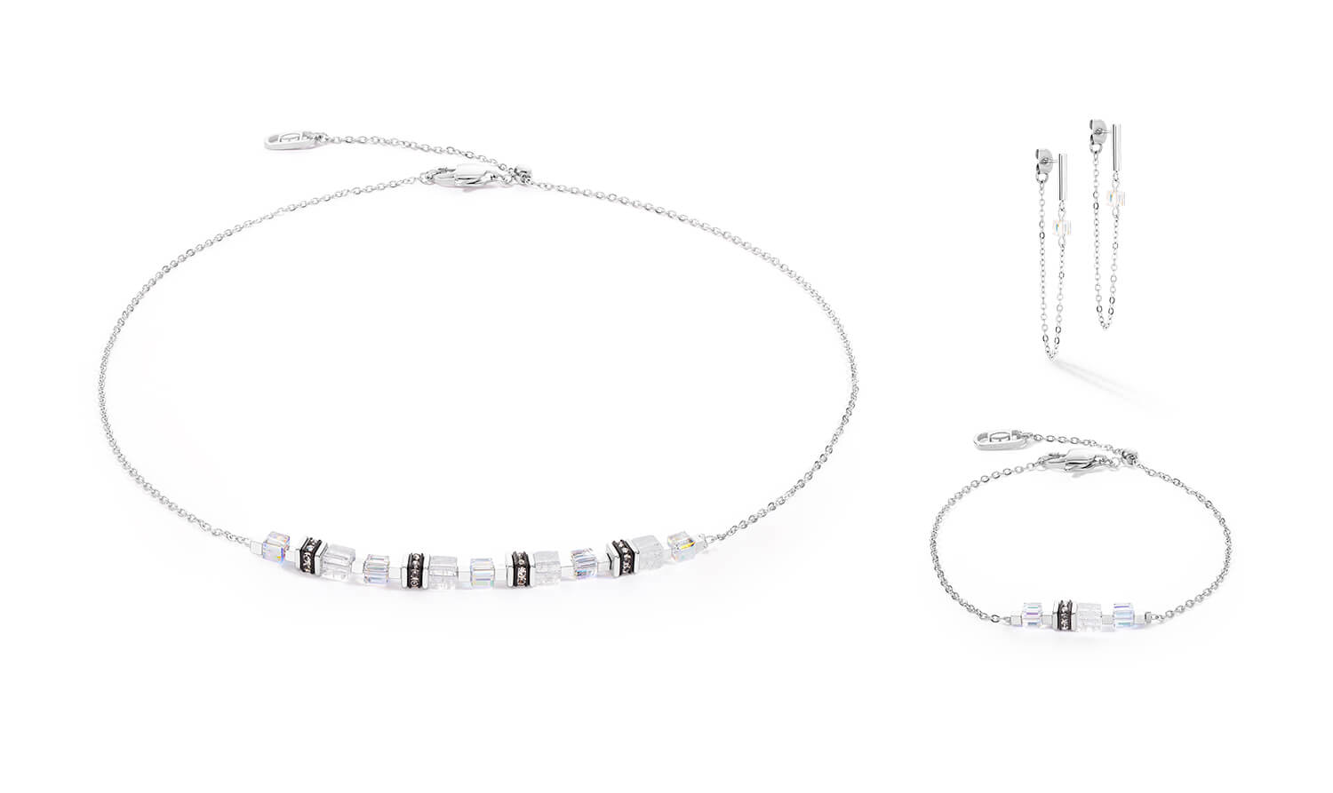 Mini Cubes & Chain Necklace In White-Silver