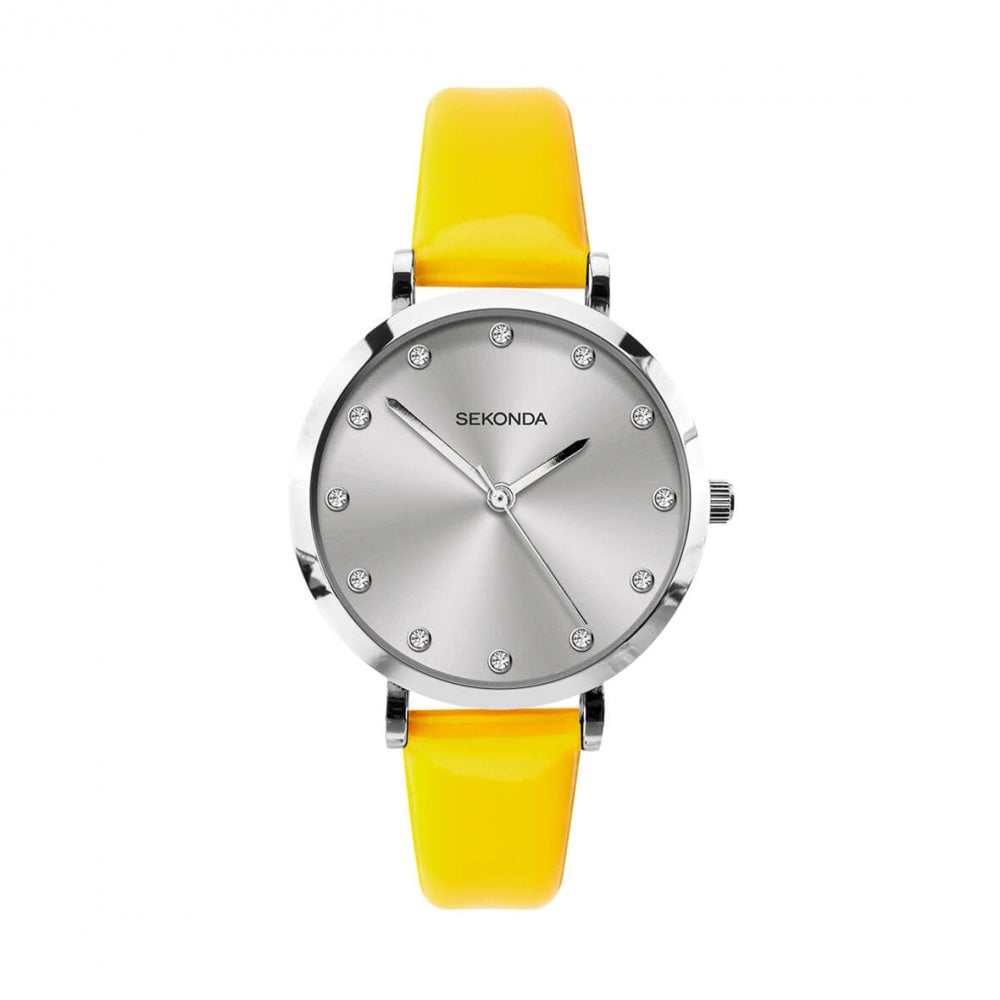 Stainless Steel Stone Set Dial With Neon Yellow PU Strap Ladies Watch