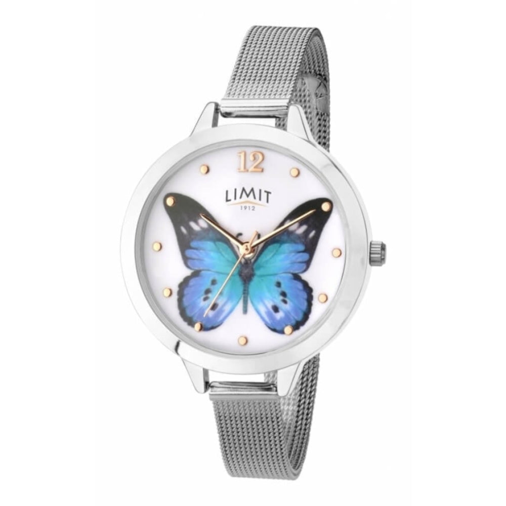 Stainless Steel Matt White Butterfly Print Dial & Mesh Strap Ladies Watch