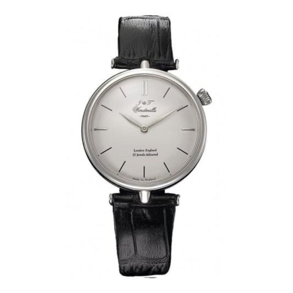Gents Black Leather English 17 Jewels Sterling Silver Mechanical Wristwatch