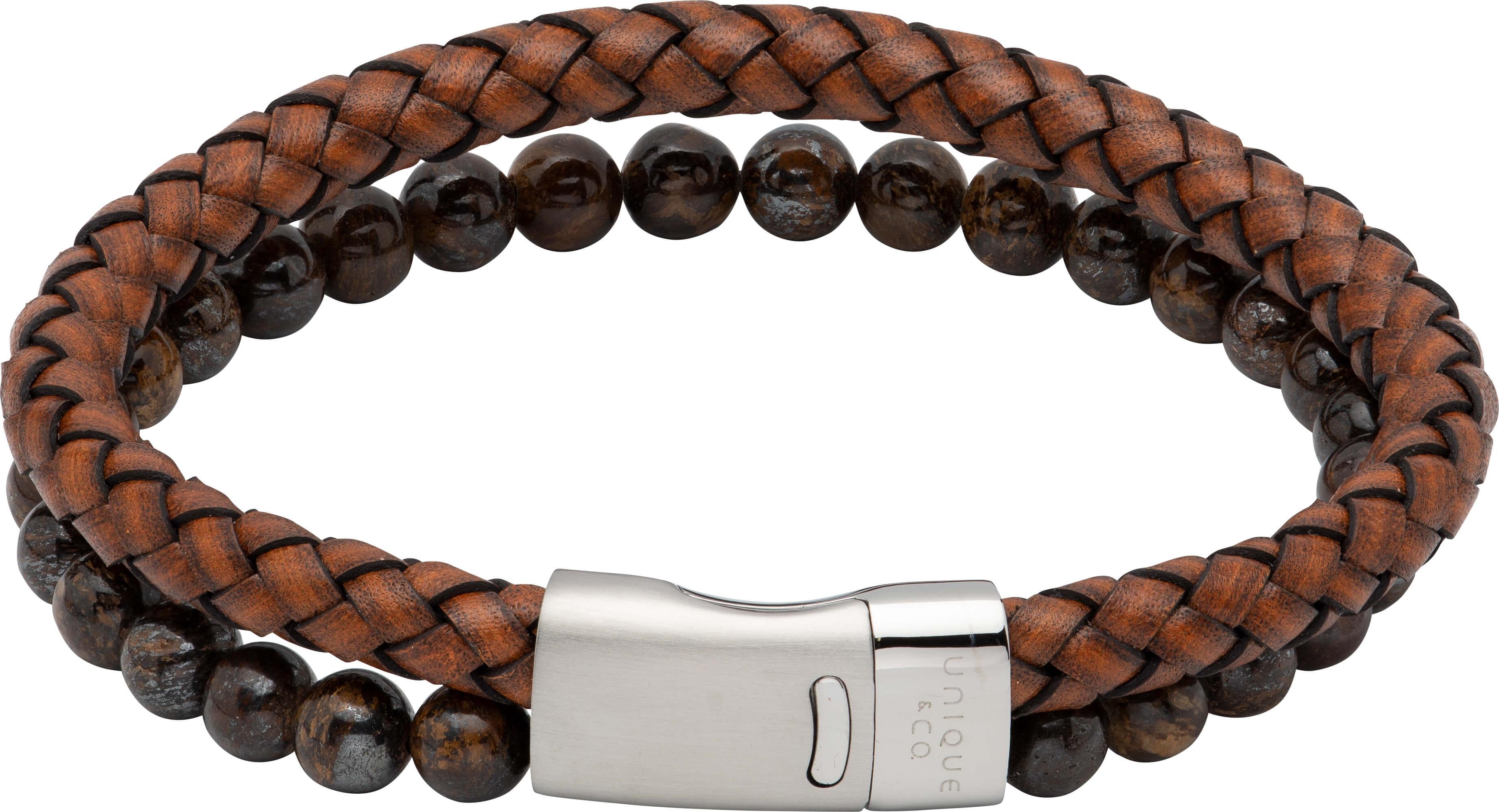 Anti.Dark Brown Leather Bracelet With Tiger Eye & Steel Magnet Clasp
