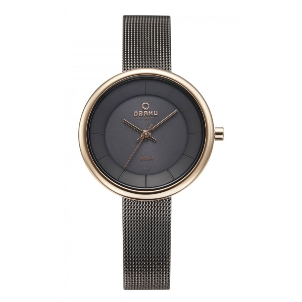 Rose Gold Plated Black Dial & Grey Mesh Bracelet Strap With Solar Power Ladies Watch