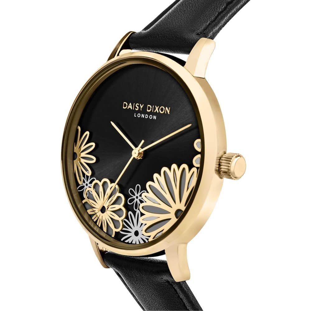 Black Leather Strap With Black & Gold Flower Printed Dial Ladies Watch