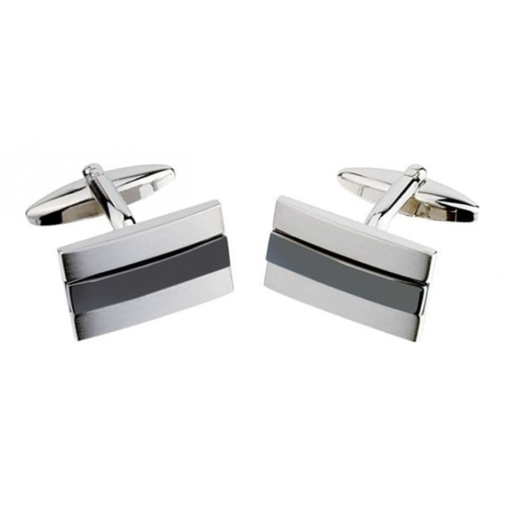 Rectangular Silver Tone With Gun Metal Enamel Feature Cufflink