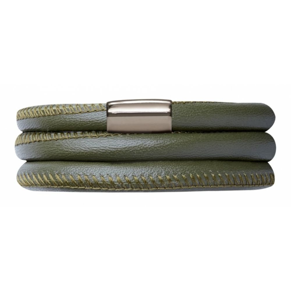 Triple Stainless Steel Green Leather Bracelet