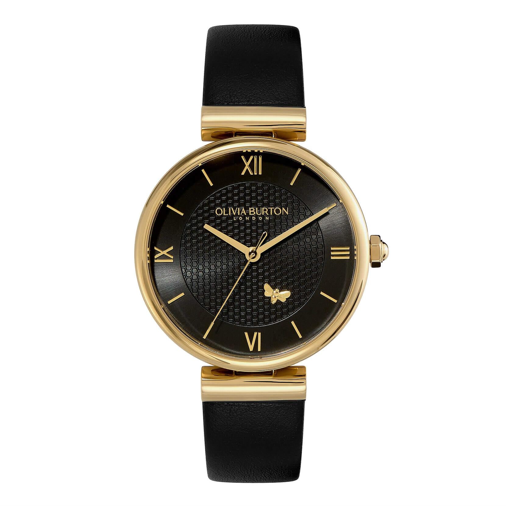 Minima Bee T-Bar Gold & Black Leather Strap Watch