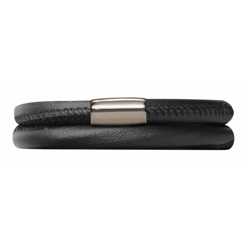 Double Band Black Leather Stainless Steel Bracelet