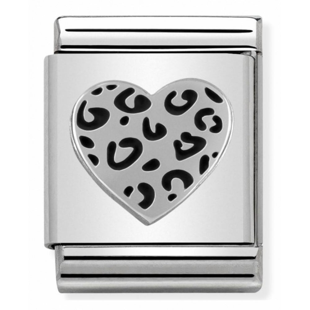 Composable Big Oxidized Stainless Steel And Sterling Silver Leopard Heart Charm