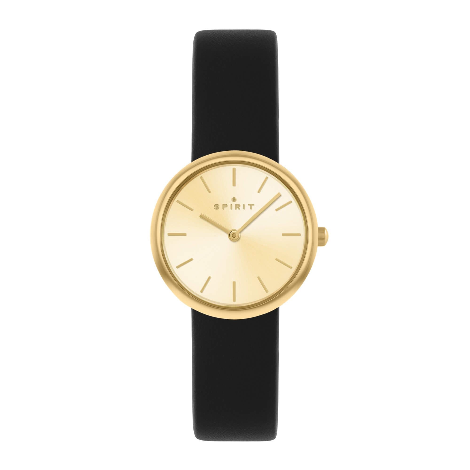 Ladies Polished Pale Gold Slim Strap Leather Watch in Black
